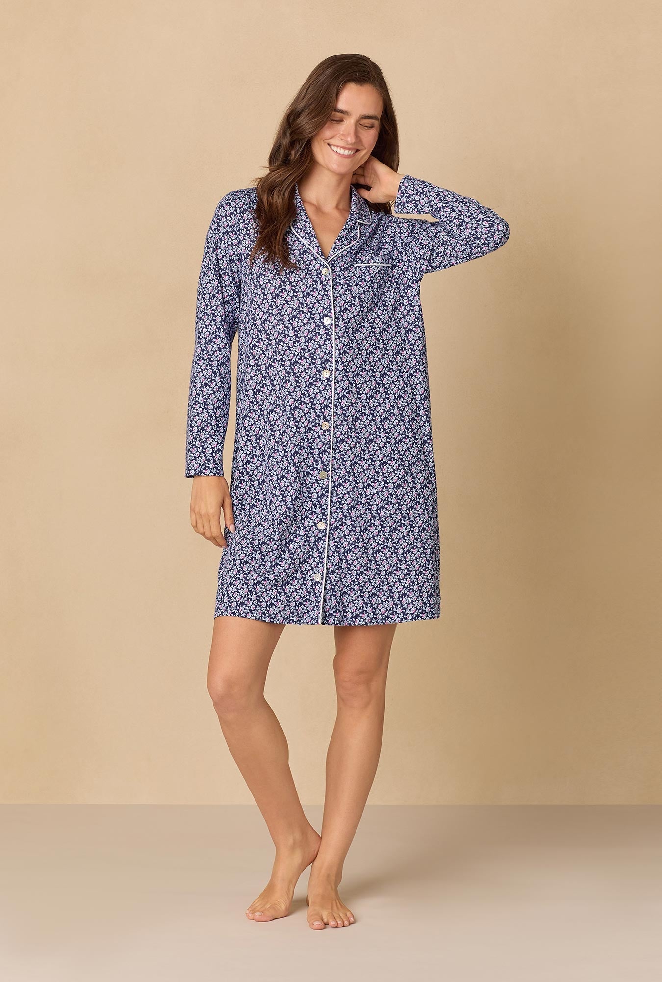 Navy Reverie Ditsy Short Cotton Knit Nightshirt