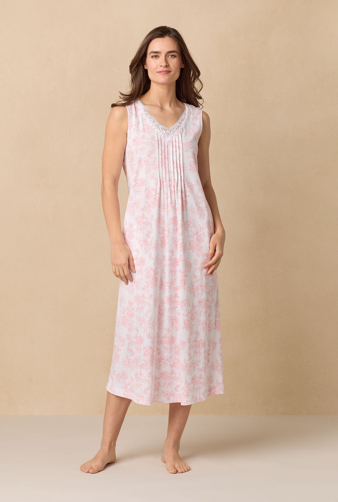 Coral Toile Long Sleeveless Cotton Knit Nightgown
