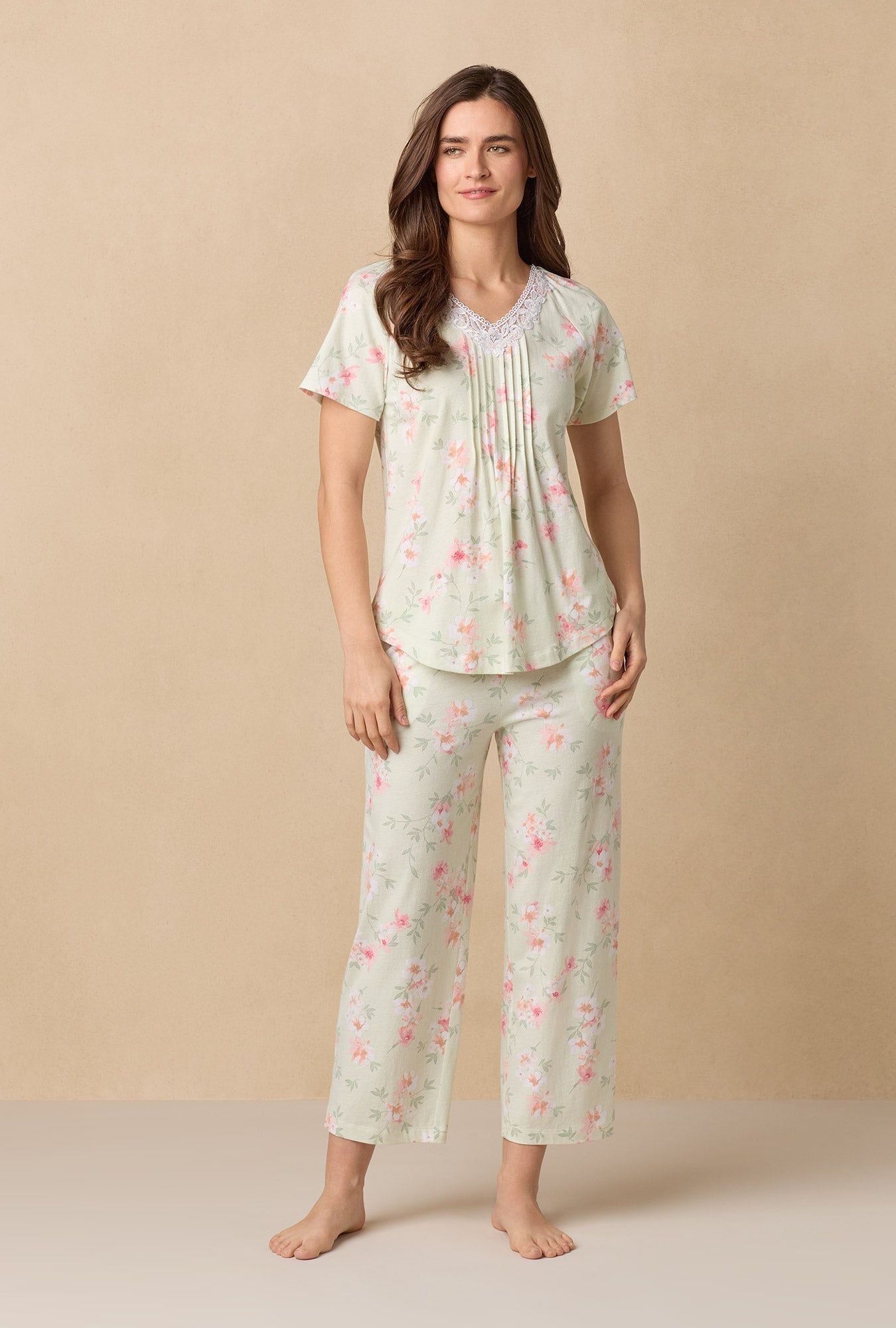 Sage Floral Bloom Capri Cotton Knit Pajama Set