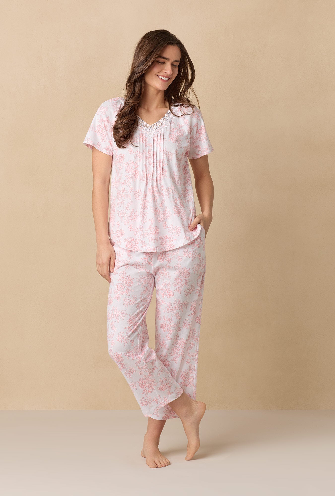 Coral Toile Capri Cotton Knit Pajama Set